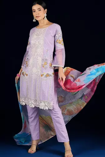 Women Floral Embroidered Cotton Kurta with Trousers & Dupatta
