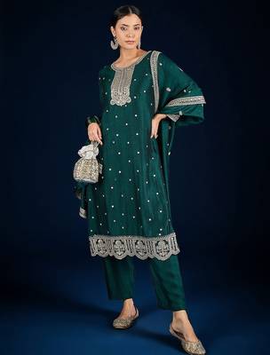 Floral Embroidered Zari Straight Kurta With Trousers & Dupatta 1