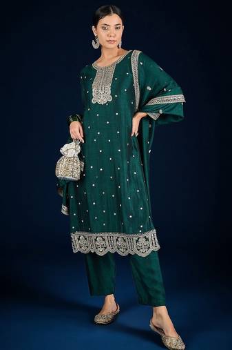 Floral Embroidered Zari Straight Kurta With Trousers & Dupatta