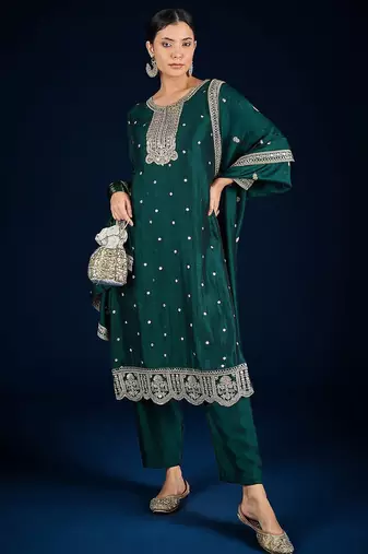 Floral Embroidered Zari Straight Kurta With Trousers & Dupatta