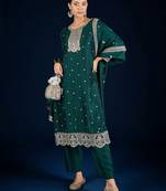 Floral Embroidered Zari Straight Kurta With Trousers & Dupatta