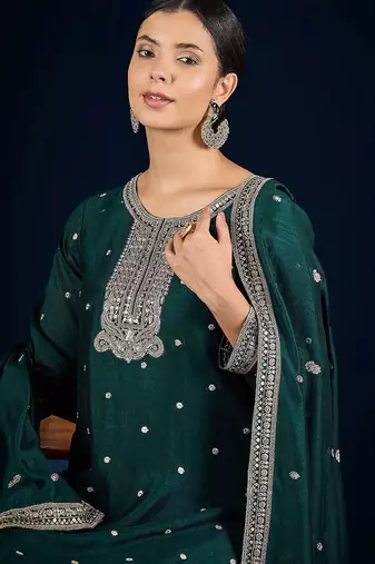 Floral Embroidered Zari Straight Kurta With Trousers & Dupatta
