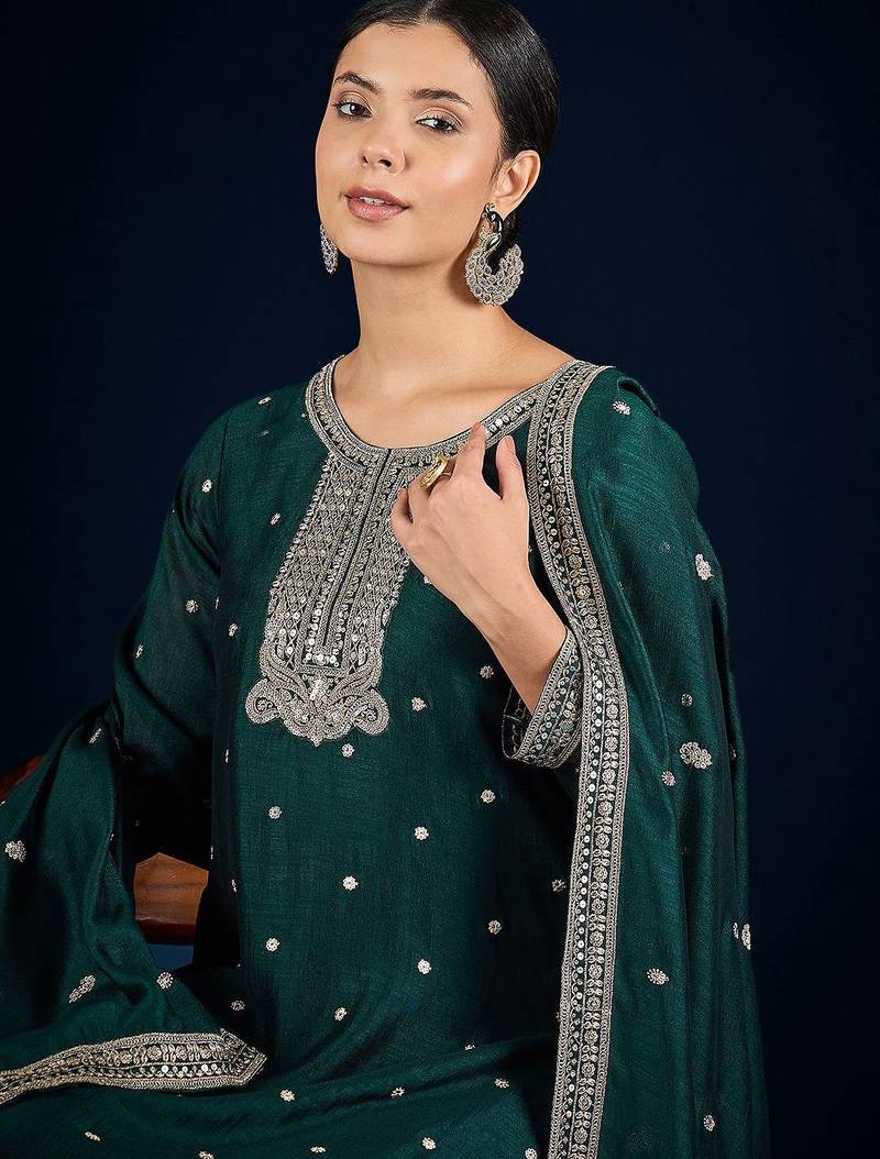 Floral Embroidered Zari Straight Kurta With Trousers & Dupatta