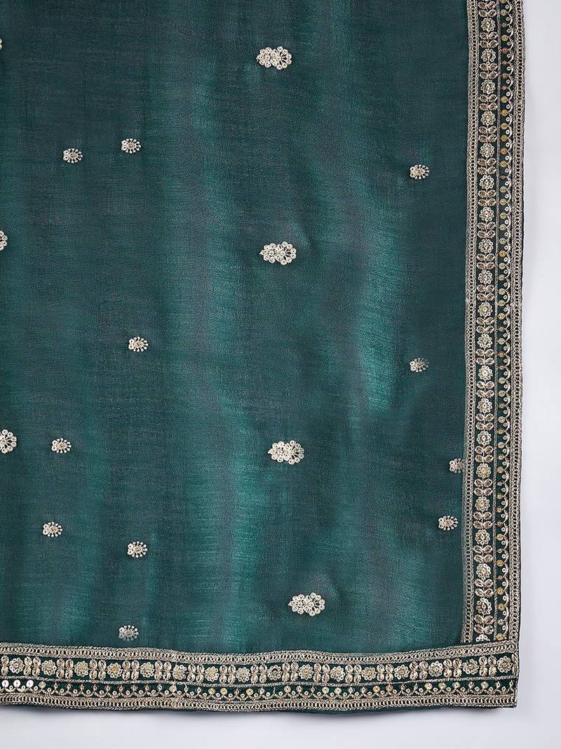 Floral Embroidered Zari Straight Kurta With Trousers & Dupatta