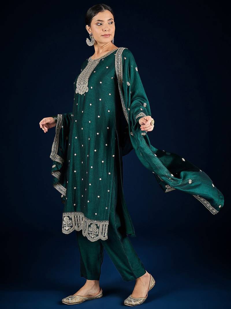 Floral Embroidered Zari Straight Kurta With Trousers & Dupatta