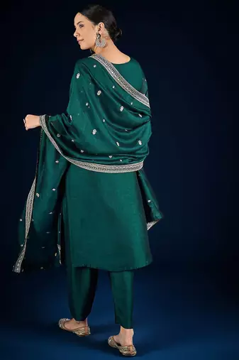Floral Embroidered Zari Straight Kurta With Trousers & Dupatta