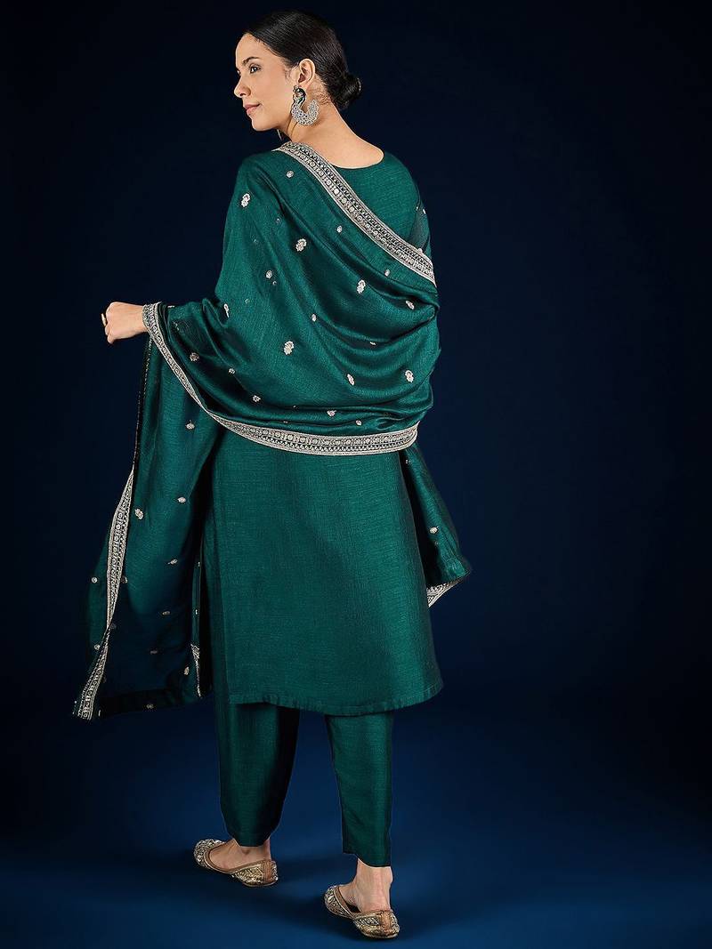 Floral Embroidered Zari Straight Kurta With Trousers & Dupatta