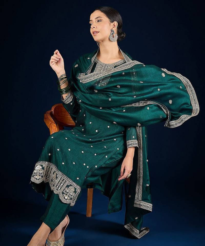 Floral Embroidered Zari Straight Kurta With Trousers & Dupatta