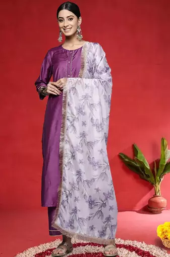 Women Yoke Design Regular Kurta with Trousers & With Dupatta