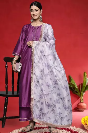 Women Yoke Design Regular Kurta with Trousers & With Dupatta