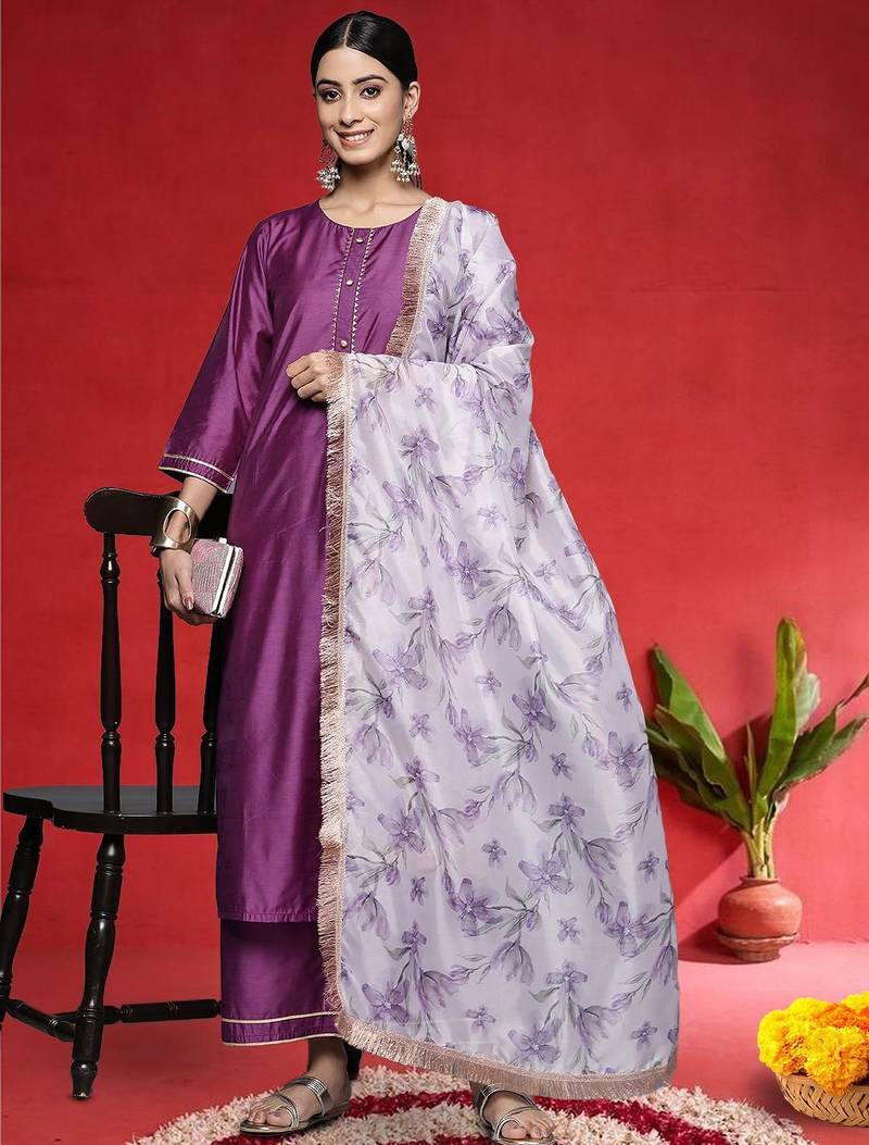 Women Yoke Design Regular Kurta with Trousers & With Dupatta