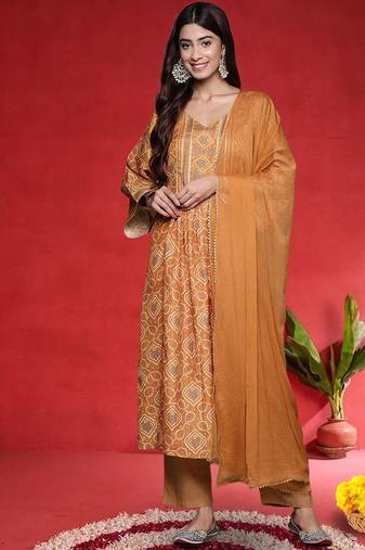 Women Bandhani Printed Empire Gotta Patti Kurta with Trousers & Dupatta