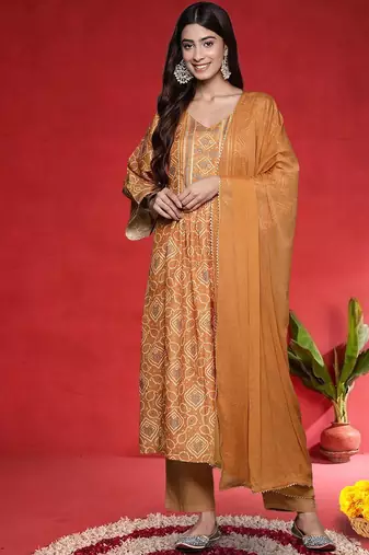 Women Bandhani Printed Empire Gotta Patti Kurta with Trousers & Dupatta