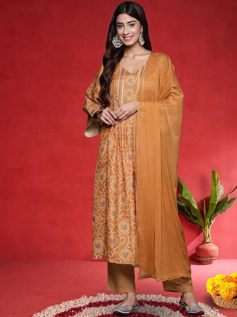 Women Bandhani Printed Empire Gotta Patti Kurta with Trousers & Dupatta