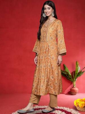Women Bandhani Printed Empire Gotta Patti Kurta with Trousers & Dupatta 4