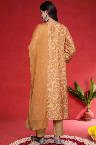 Women Bandhani Printed Empire Gotta Patti Kurta with Trousers & Dupatta