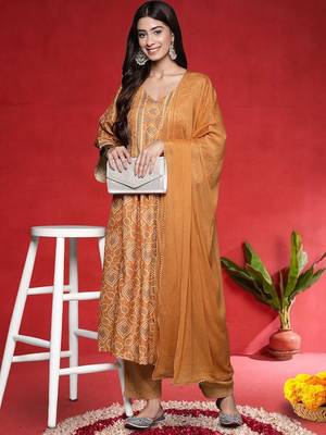 Women Bandhani Printed Empire Gotta Patti Kurta with Trousers & Dupatta 6