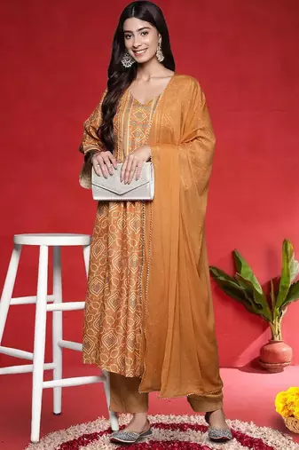 Women Bandhani Printed Empire Gotta Patti Kurta with Trousers & Dupatta