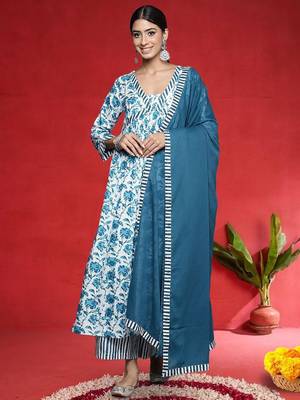 Floral Printed A-Line Pure Cotton Kurta With Palazzos & Dupatta 1