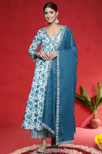 Floral Printed A-Line Pure Cotton Kurta With Palazzos & Dupatta