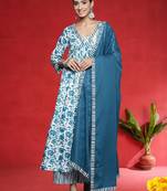 Floral Printed A-Line Pure Cotton Kurta With Palazzos & Dupatta