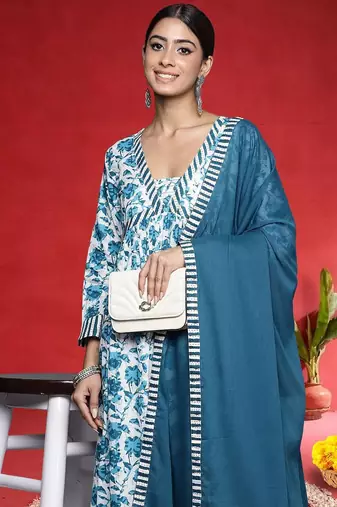 Floral Printed A-Line Pure Cotton Kurta With Palazzos & Dupatta