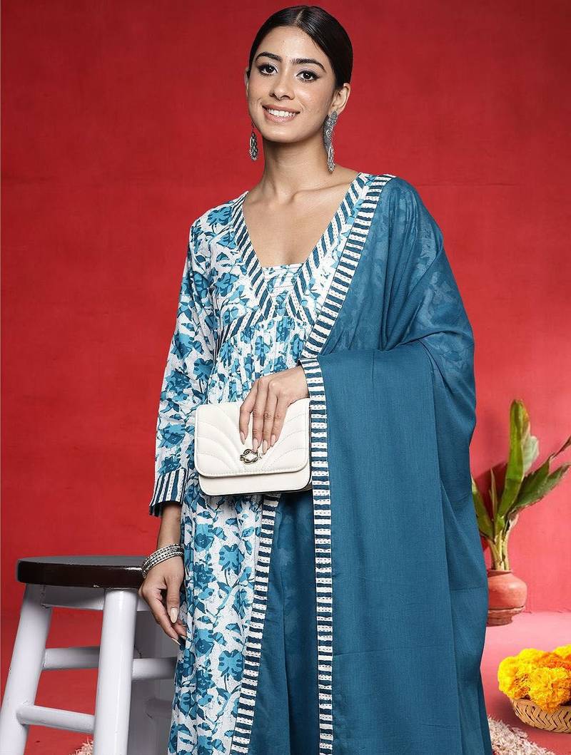 Floral Printed A-Line Pure Cotton Kurta With Palazzos & Dupatta