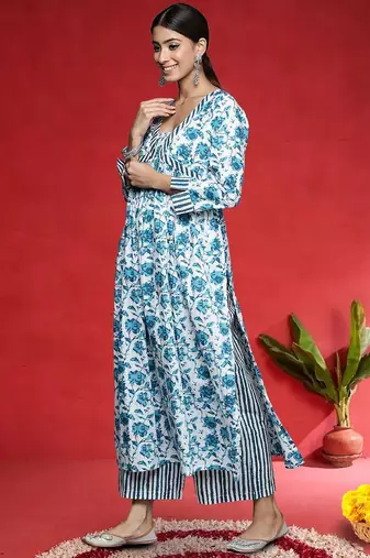 Floral Printed A-Line Pure Cotton Kurta With Palazzos & Dupatta