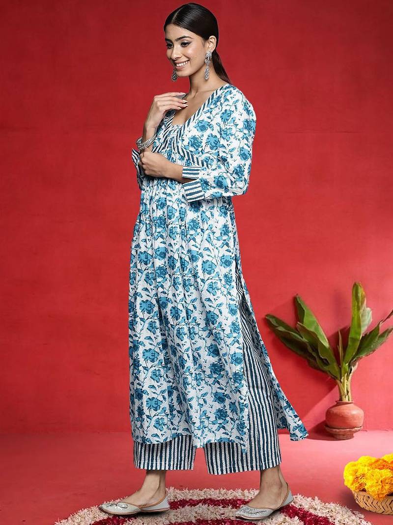 Floral Printed A-Line Pure Cotton Kurta With Palazzos & Dupatta