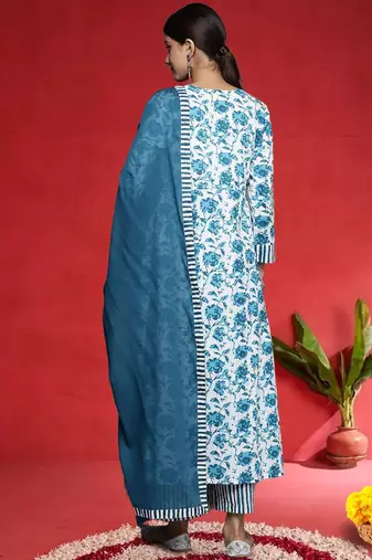 Floral Printed A-Line Pure Cotton Kurta With Palazzos & Dupatta
