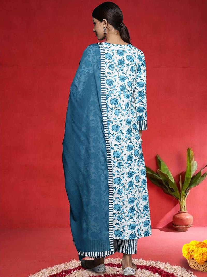 Floral Printed A-Line Pure Cotton Kurta With Palazzos & Dupatta