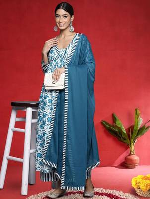 Floral Printed A-Line Pure Cotton Kurta With Palazzos & Dupatta 6