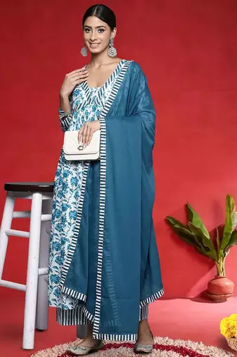 Floral Printed A-Line Pure Cotton Kurta With Palazzos & Dupatta