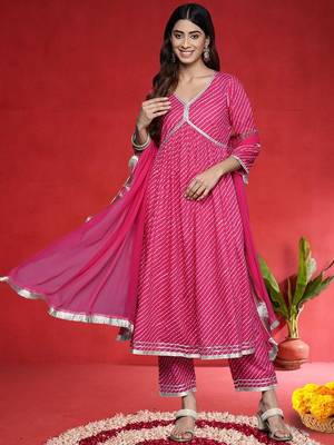 Women Leheriya Printed Empire Pure Cotton Kurta with Trousers & Dupatta 1