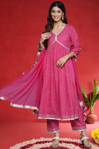 Women Leheriya Printed Empire Pure Cotton Kurta with Trousers & Dupatta