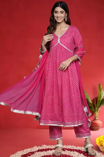 Women Leheriya Printed Empire Pure Cotton Kurta with Trousers & Dupatta