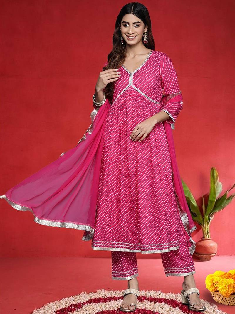 Women Leheriya Printed Empire Pure Cotton Kurta with Trousers & Dupatta