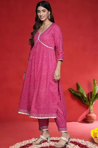 Women Leheriya Printed Empire Pure Cotton Kurta with Trousers & Dupatta