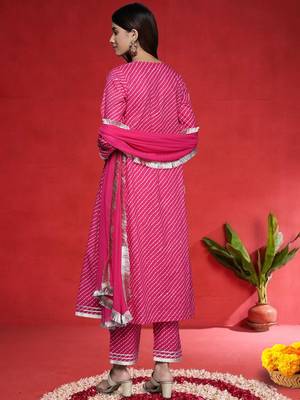 Women Leheriya Printed Empire Pure Cotton Kurta with Trousers & Dupatta 5