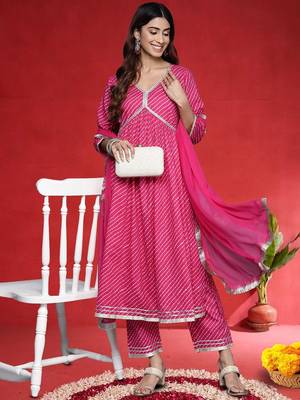 Women Leheriya Printed Empire Pure Cotton Kurta with Trousers & Dupatta 6