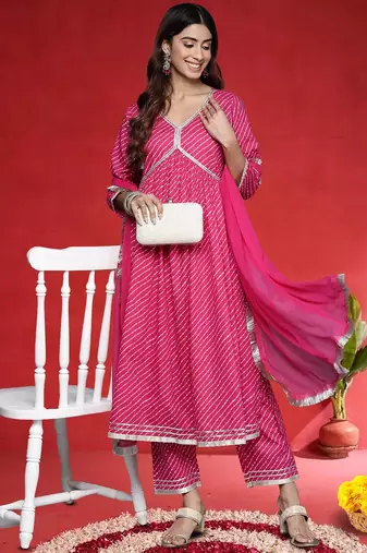Women Leheriya Printed Empire Pure Cotton Kurta with Trousers & Dupatta