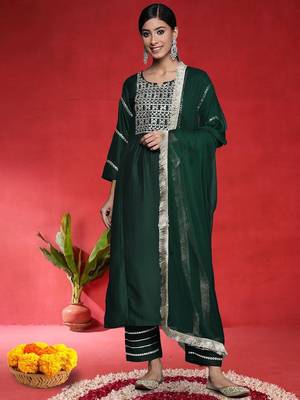Geometric Embroidered Straight Mirror Work Kurta With Trousers & Dupatta 1