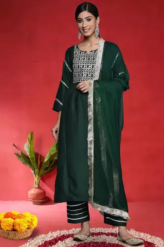 Geometric Embroidered Straight Mirror Work Kurta With Trousers & Dupatta