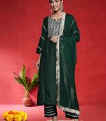 Geometric Embroidered Straight Mirror Work Kurta With Trousers & Dupatta