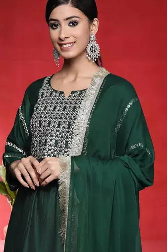 Geometric Embroidered Straight Mirror Work Kurta With Trousers & Dupatta