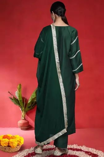 Geometric Embroidered Straight Mirror Work Kurta With Trousers & Dupatta