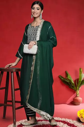 Geometric Embroidered Straight Mirror Work Kurta With Trousers & Dupatta