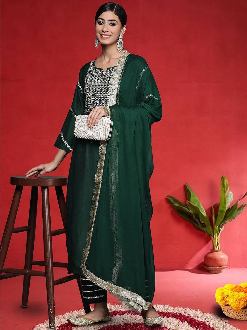 Geometric Embroidered Straight Mirror Work Kurta With Trousers & Dupatta