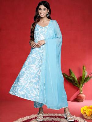 Women Floral Printed Cotton Anarkali Kurta with Trousers & Dupatta 1