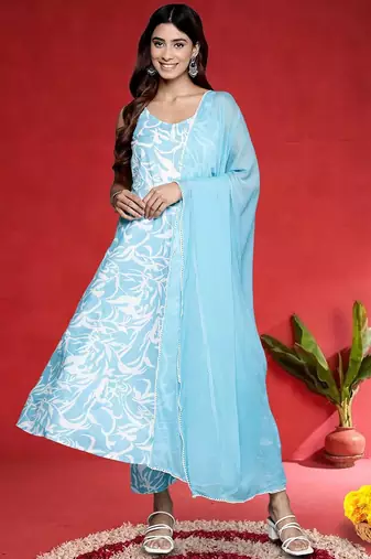 Women Floral Printed Cotton Anarkali Kurta with Trousers & Dupatta